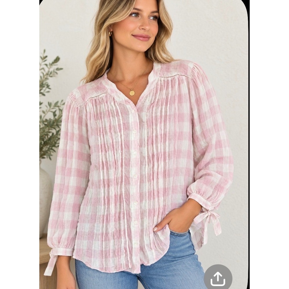 Sundance Pink Gingham Plaid Pintuck Button Down Blouse Petite Large Cottagecore